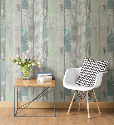 Deena Turquoise Distressed Wood Wallpaper