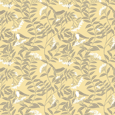 Birds in the Rowan Tree Wallpaper - Lemon