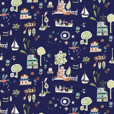 Bell Island Wallpaper by Jim Flora - Deep Blue