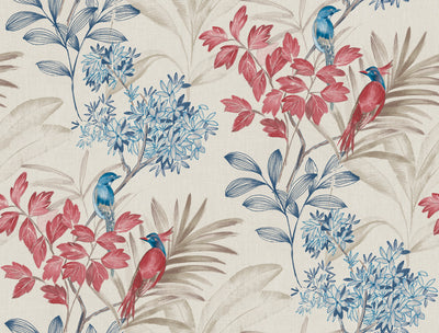 Handpainted Songbird Wallpaper - Red/Blue